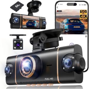 4 Channel 360° Dash Cam Front Rear Inside and Left Right, 4K+1080P*3 FHD Car Camera, 5GHz WiFi and App Control, 24H Parking Mode, 8 IR Lamps Night Vision, Includes 64GB SD Card, Black