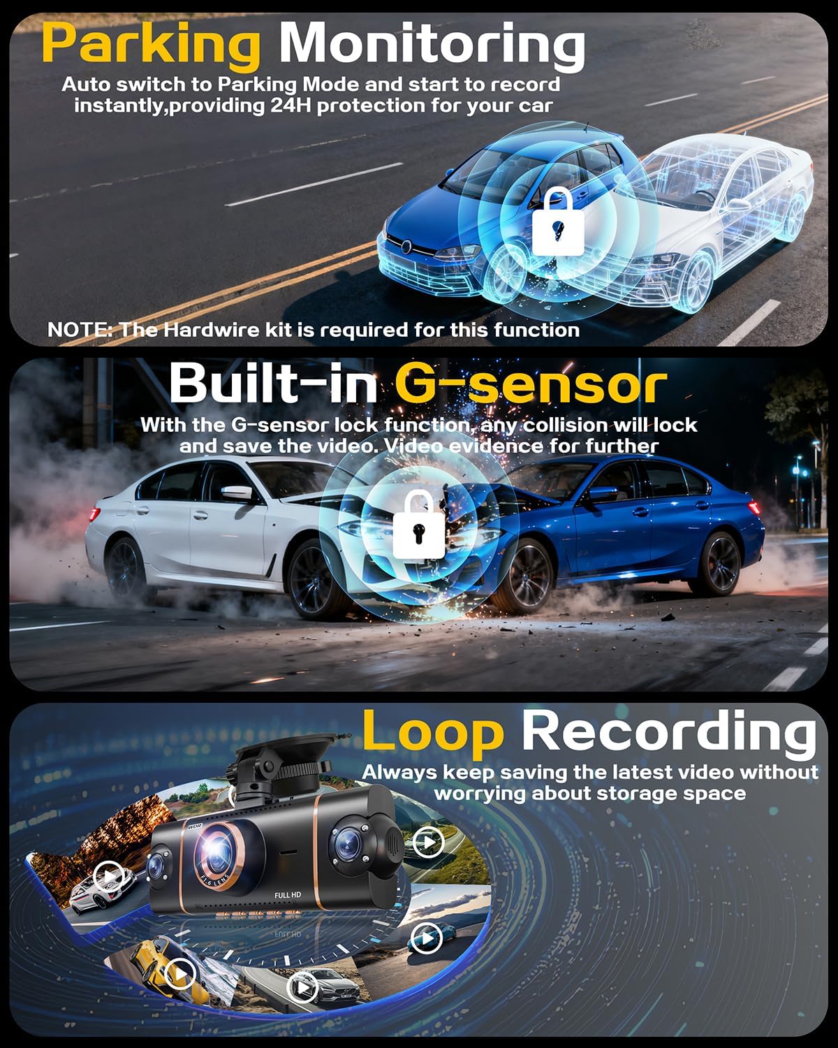 4 Channel 360° Dash Cam Front Rear Inside and Left Right, 4K+1080P*3 FHD Car Camera, 5GHz WiFi and App Control, 24H Parking Mode, 8 IR Lamps Night Vision, Includes 64GB SD Card, Black - Image 4
