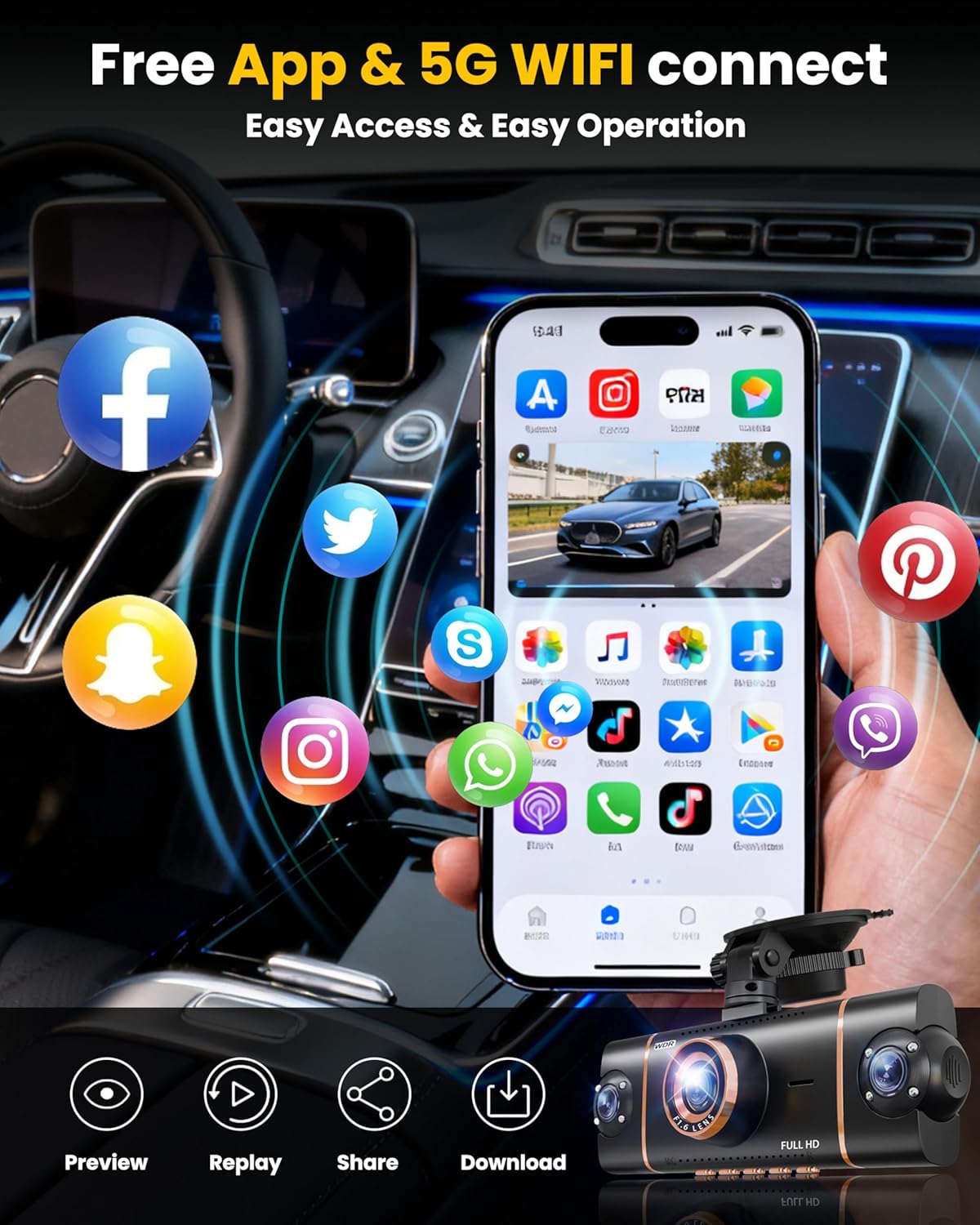 4 Channel 360° Dash Cam Front Rear Inside and Left Right, 4K+1080P*3 FHD Car Camera, 5GHz WiFi and App Control, 24H Parking Mode, 8 IR Lamps Night Vision, Includes 64GB SD Card, Black - Image 6
