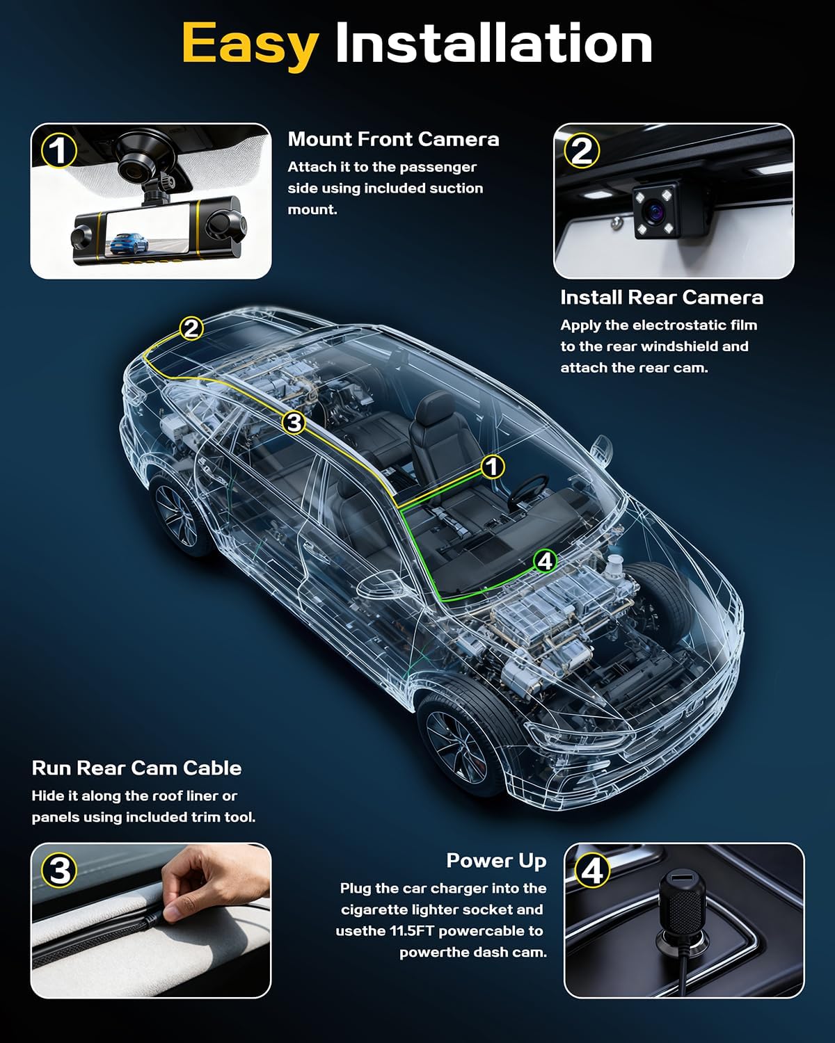4 Channel 360° Dash Cam Front Rear Inside and Left Right, 4K+1080P*3 FHD Car Camera, 5GHz WiFi and App Control, 24H Parking Mode, 8 IR Lamps Night Vision, Includes 64GB SD Card, Black - Image 9