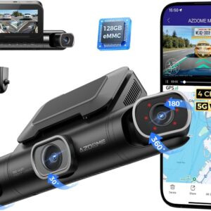 AZDOME 360° 4 Channel Dash Cam Front and Rear Inside, Built-in 128GB eMMC, 2K+1080P*3 Dashcam, Left Right, Voice Control, 5G WiFi Dash Camera for Cars with 4 Adjustable Lenses, IR Night Vision, M660