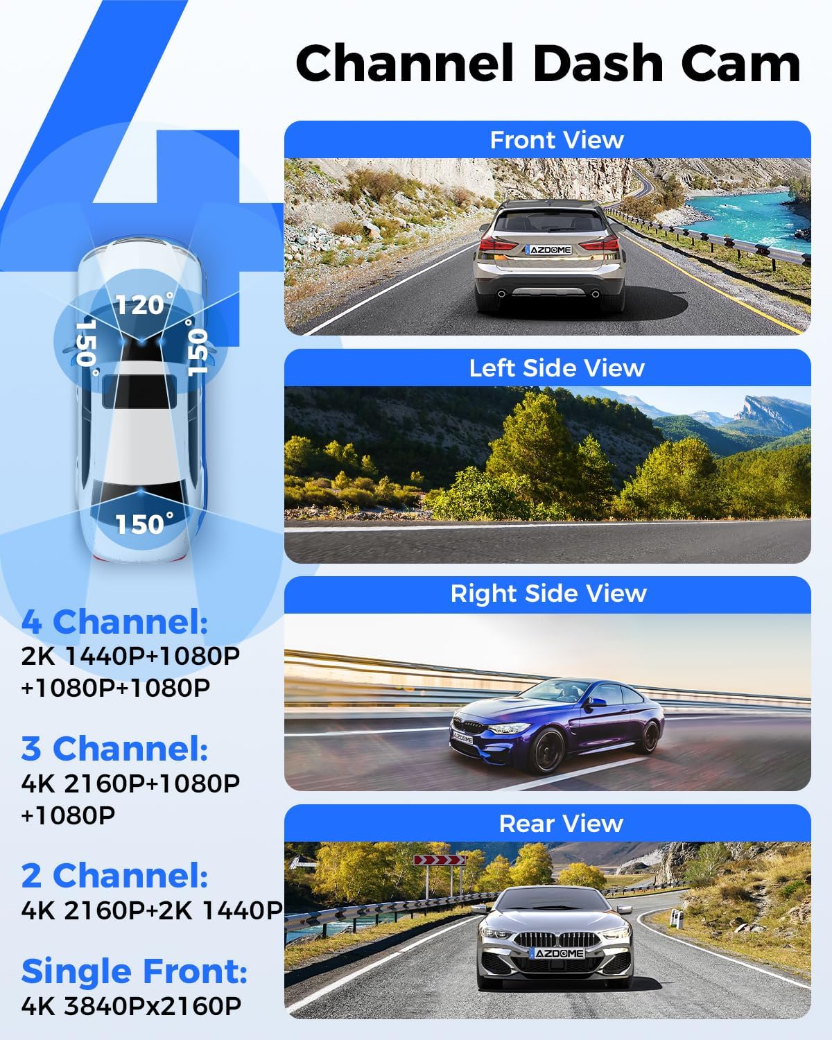 AZDOME 360° 4 Channel Dash Cam Front and Rear Inside, Built-in 128GB eMMC, 2K+1080P*3 Dashcam, Left Right, Voice Control, 5G WiFi Dash Camera for Cars with 4 Adjustable Lenses, IR Night Vision, M660 - Image 3