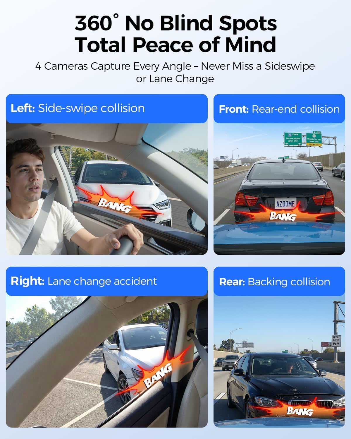 AZDOME 360° 4 Channel Dash Cam Front and Rear Inside, Built-in 128GB eMMC, 2K+1080P*3 Dashcam, Left Right, Voice Control, 5G WiFi Dash Camera for Cars with 4 Adjustable Lenses, IR Night Vision, M660 - Image 6